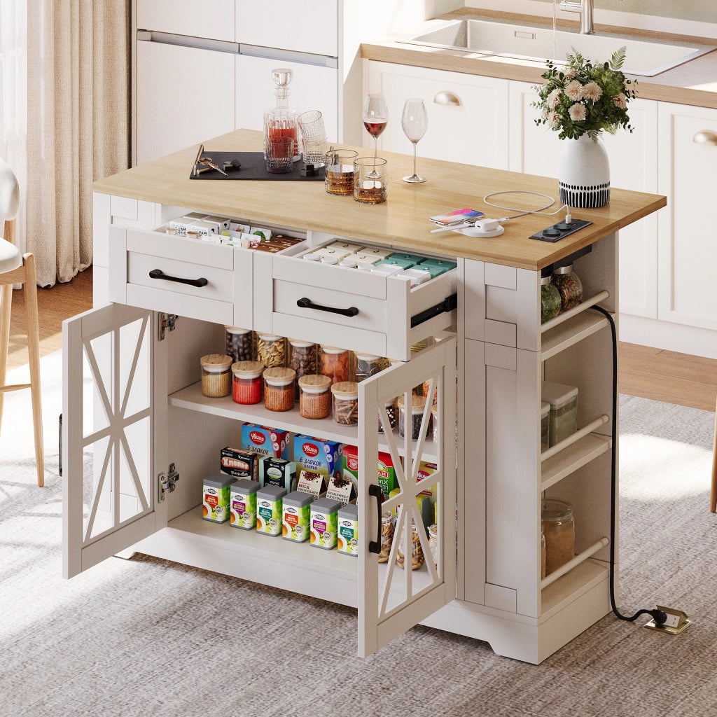 Isola da Cucina Mobile 120x40/65x92 cm con Piano Ribaltabile; 2 Prese; 2 USB; Ante in Vetro e Ruote