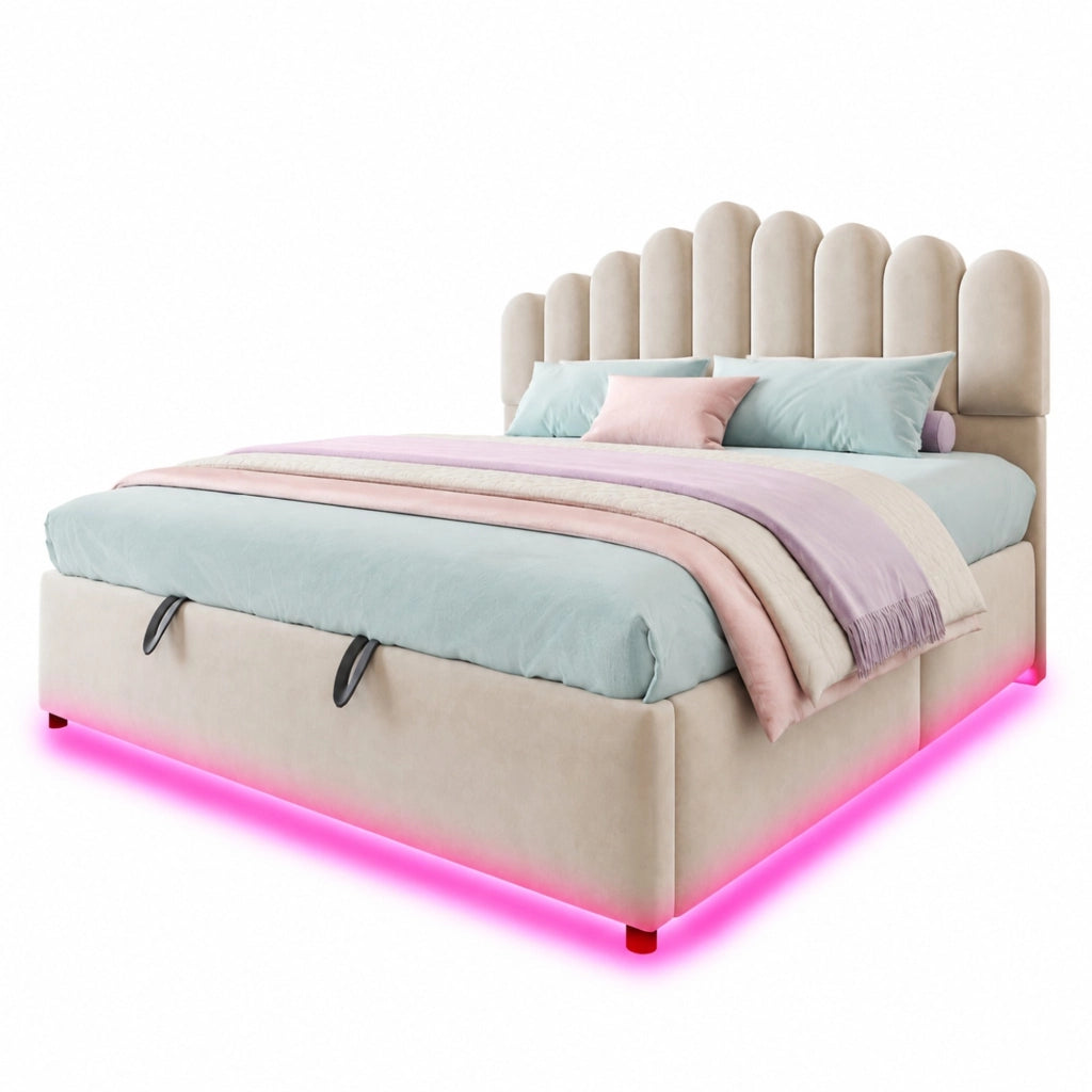 Letto Contenitore Matrimoniale 180 x 200 cm; con LED e Vano Contenitore; in Velluto; Beige