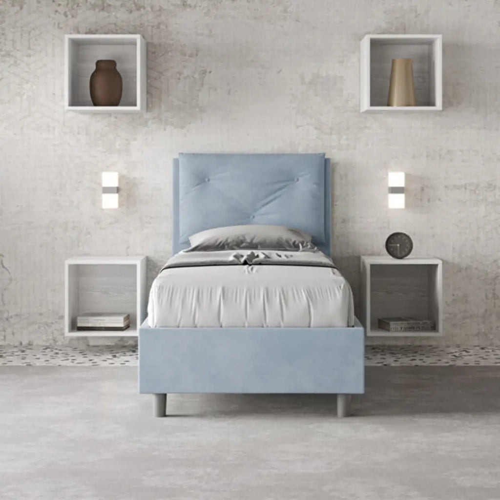 Letto singolo con rete imbottito 80x200 microfibra azzurro Appia