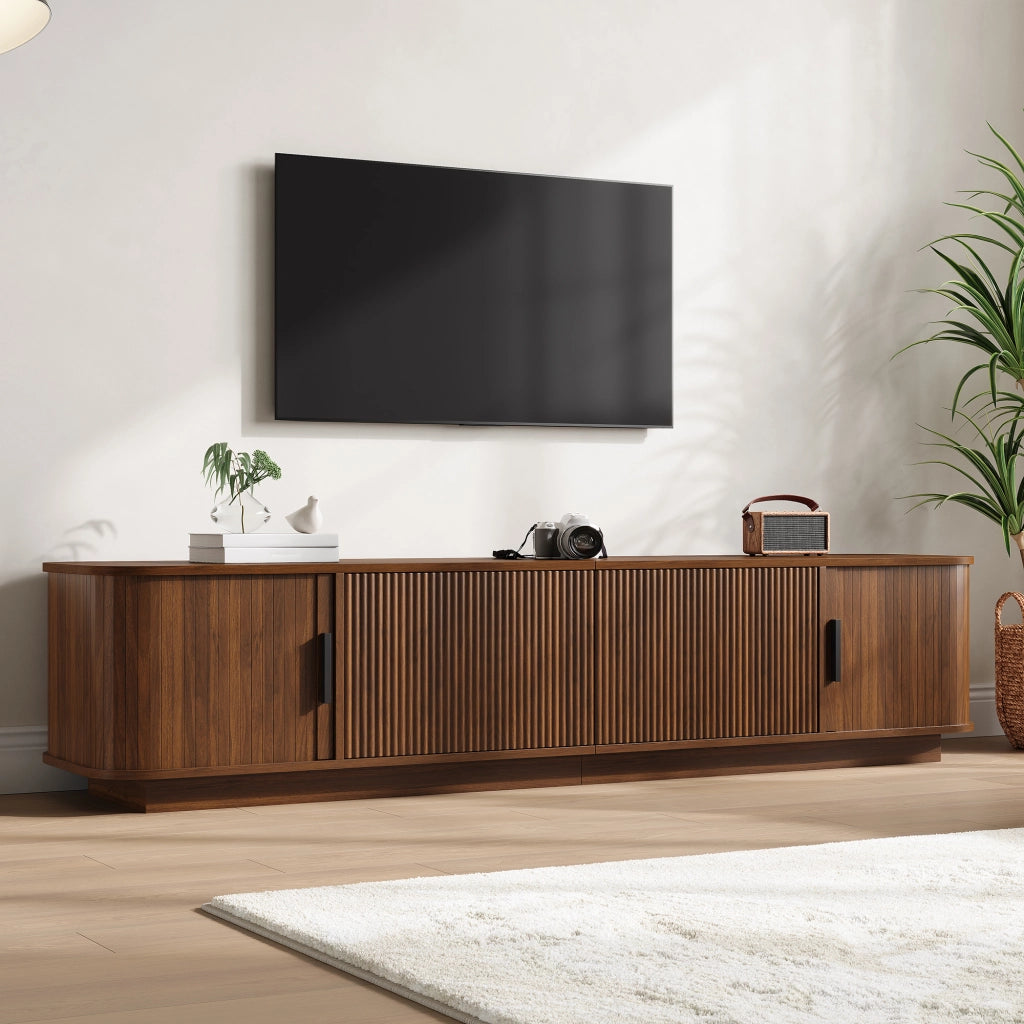 Mobile porta TV con LED, 2 cassetti e 2 ante scorrevoli, per soggiorno, in MDF e truciolare, noce, 180 × 40 × 40 cm