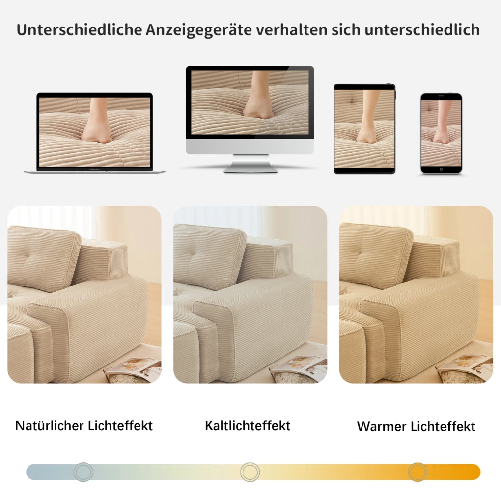 Divano modulare basso in velluto a coste beige; seduta profonda 382x104x69 cm