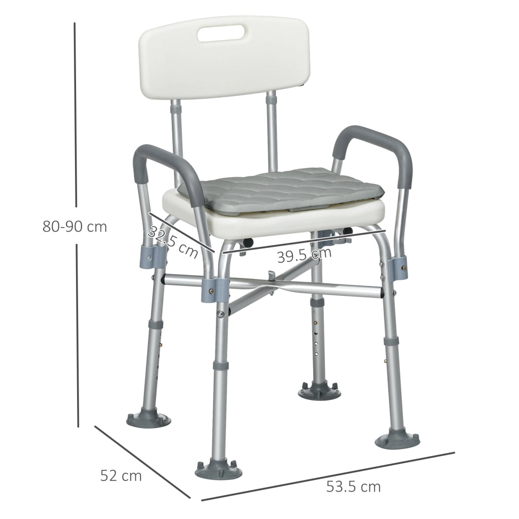 Sedia Doccia ad Altezza Regolabile con Braccioli e Cuscino Rimovibile 53.5x52x80-90 cm, Bianca