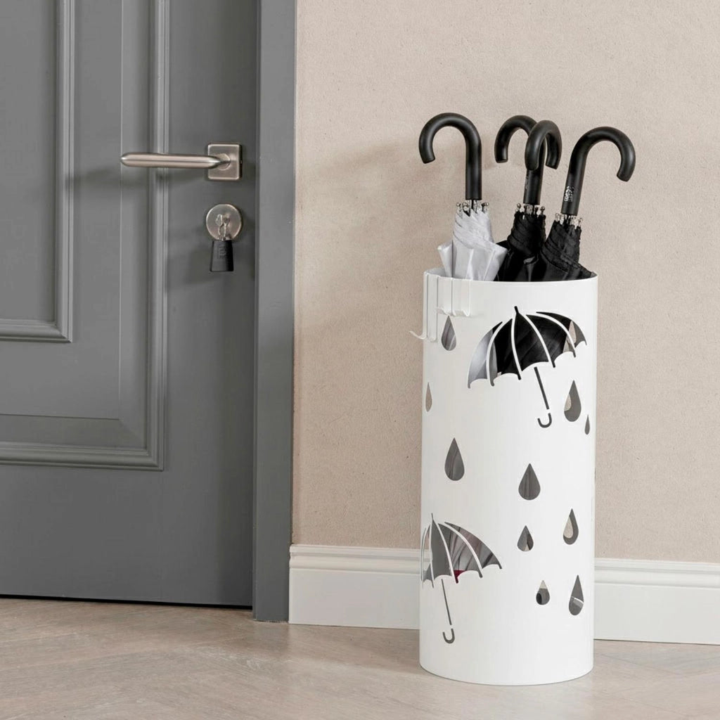 Portaombrelli Rotondo In Acciaio Zincato Dotato Di Vaschetta Scolapioggia E 4 Ganci Removibili Base Antiscivolo Design Moderno Per Ingresso Casa E Ufficio 41 X 17 Cm Bianco
