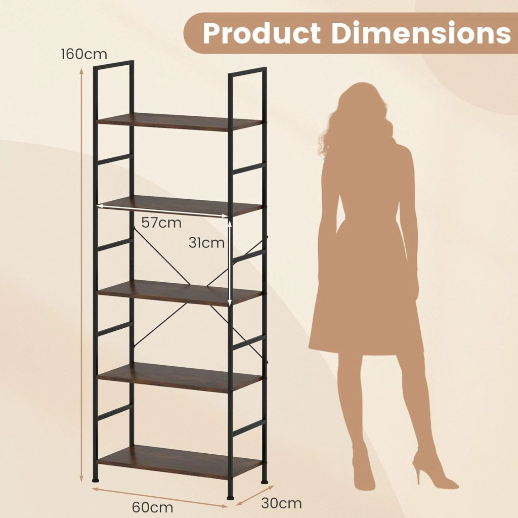 Libreria, scaffale a 5 livelli, scaffale aperto con struttura in metallo, mobile portaoggetti in stile industriale, per soggiorno, camera da letto, ufficio, 60 x 30 x 160 cm