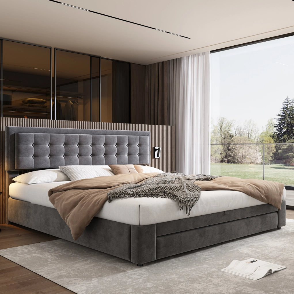 Letto 160 x 200 cm in velluto grigio con vano contenitore
