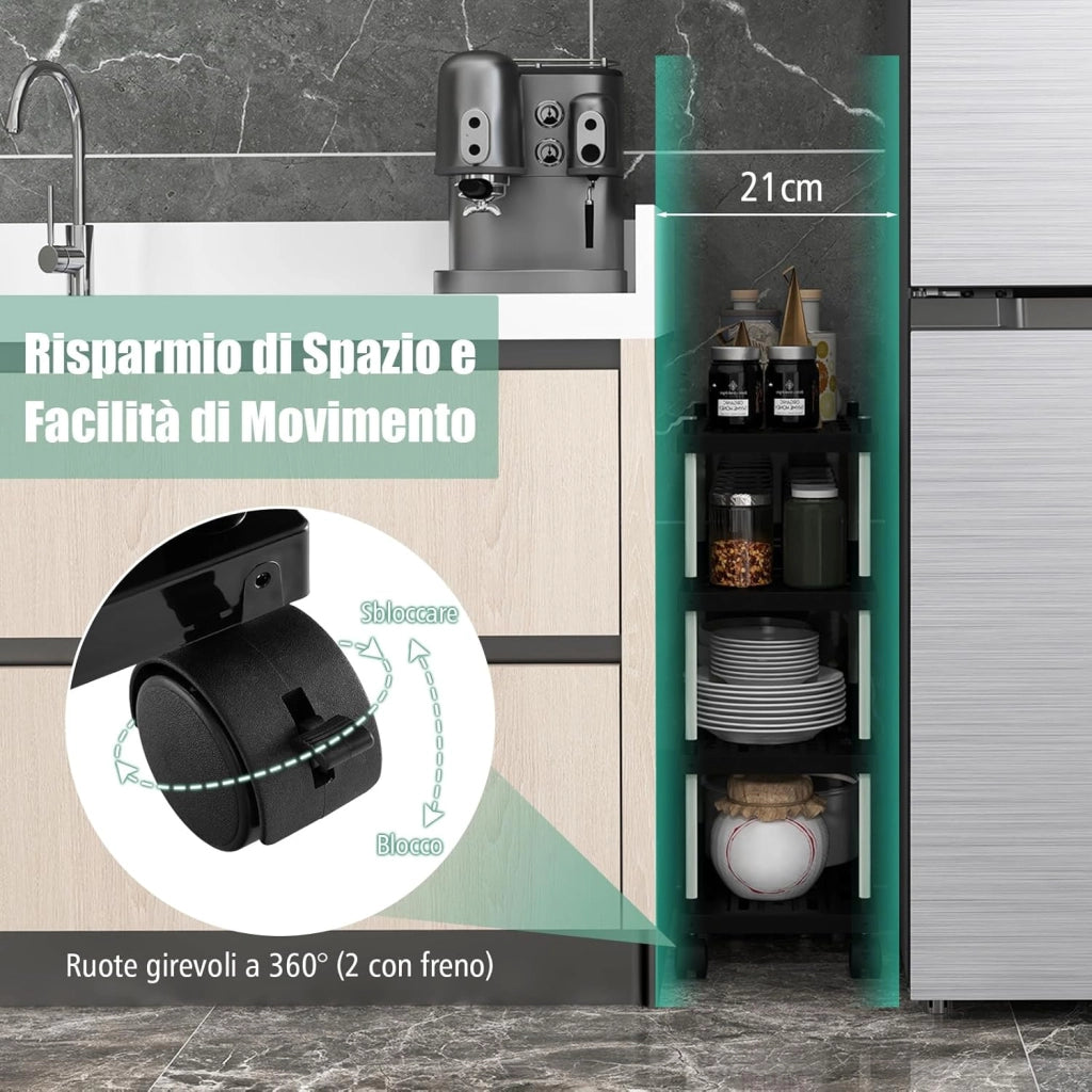 Carrello Sottile a 4 Piani, Scaffale per Cucina con Ruote Bloccabili, Ganci Laterali, Scaffale di Stoccaggio Multiuso, Carrello Estraibile per Cucina Garage Ufficio, 40x21x59,5 cm
