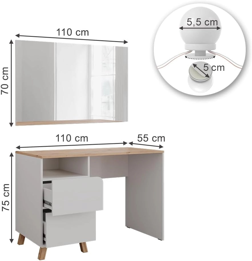 Tavolo da toeletta Karen, Bianco/Artisan, 110 cm con luci fiabesche a LED, Materiali robusti per un utilizzo duraturo