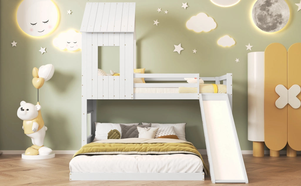 Letto a castello con scivolo; tetto; finestre e scala a 3 gradini; pino e MDF; bianco; 90x200 e 140x200 cm