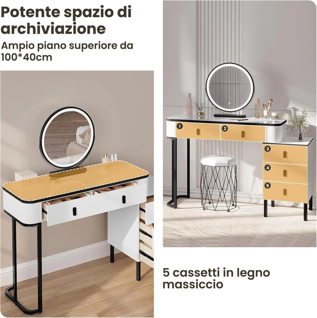 Toeletta da Trucco con Luci, Tocador de Maquillaje, Tavolo da Trucco con 5 Cassetti in Legno Massiccio, Montaggio Flessibile, 100x40x125 cm, Moderno, Bianco+Nero