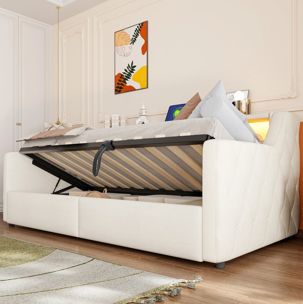Daybed 90x200 cm con illuminazione LED; vano contenitore idraulico; USB e USB-C; in lino beige