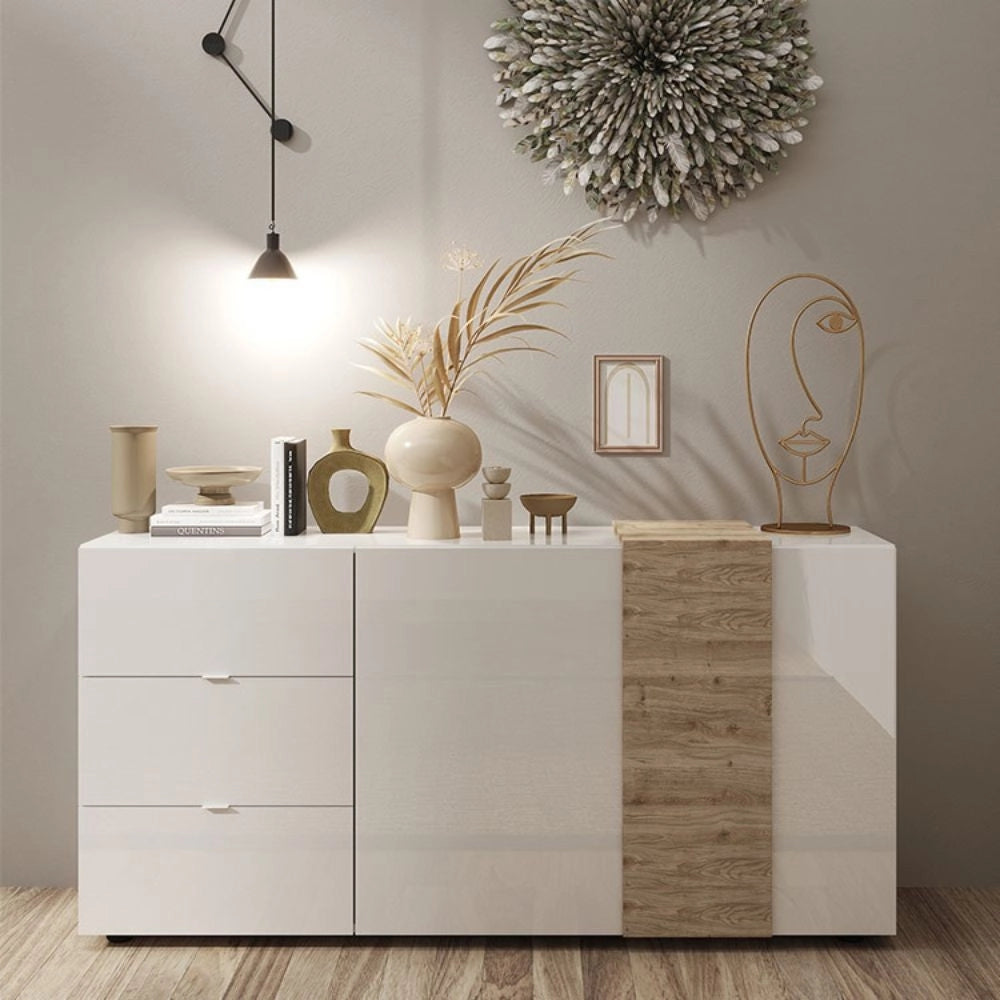Madia 2 ante 3 cassetti Sabry colore bianco lucido rovere Kadiz