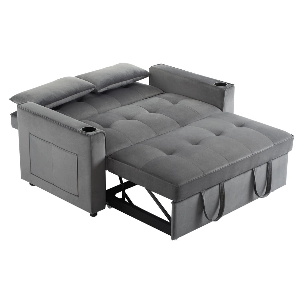 Divano letto 3 in 1 in velluto grigio 137x76;5x83 cm; con 2 cuscini e portabicchieri