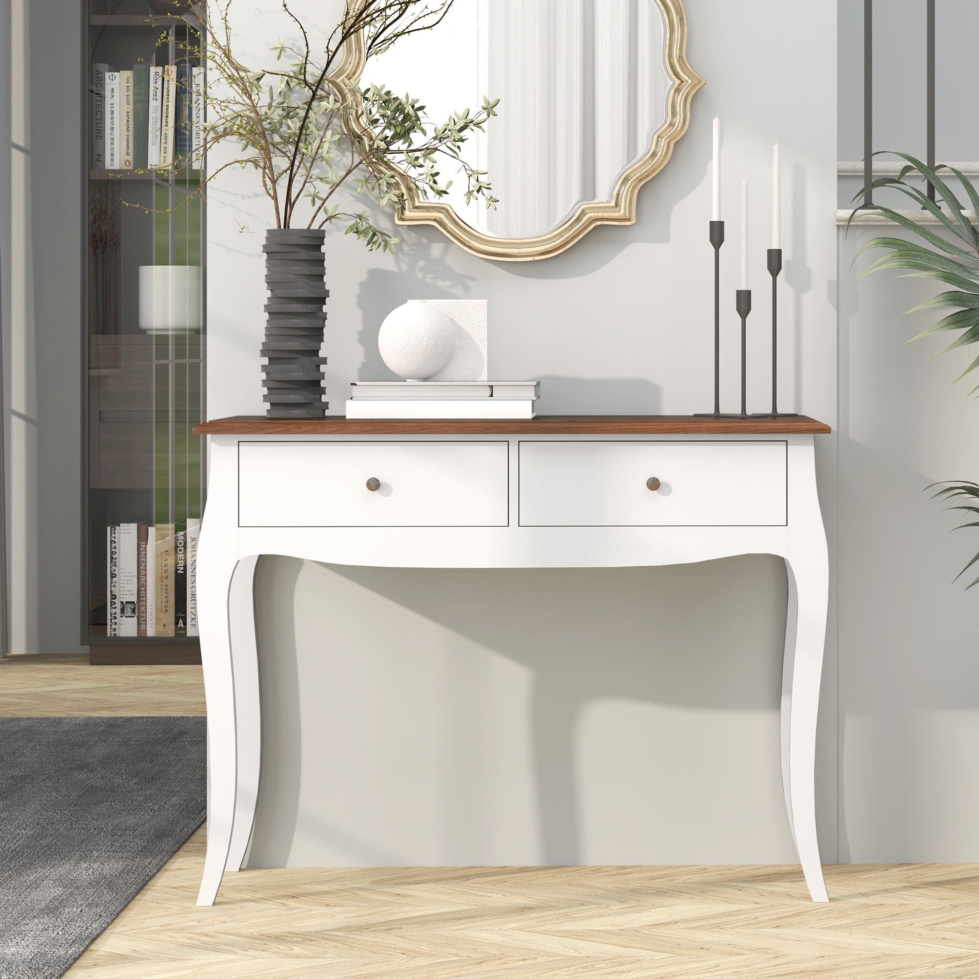 Tavolo Consolle Moderno 100x35x76,5 cm con 2 Cassetti in Legno Bianco e Marrone Scuro
