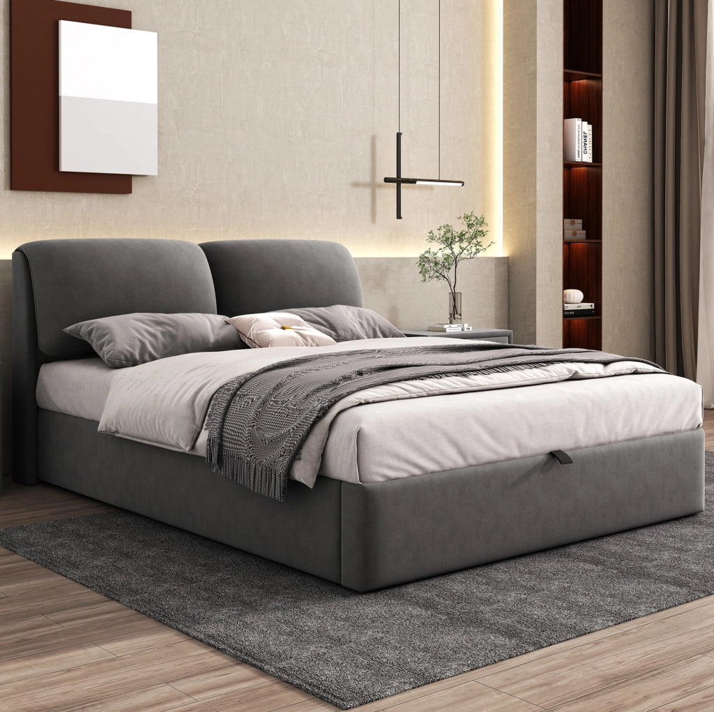 Letto imbottito 140x190 cm in velluto grigio con contenitore; 3 cassetti e testiera regolabile