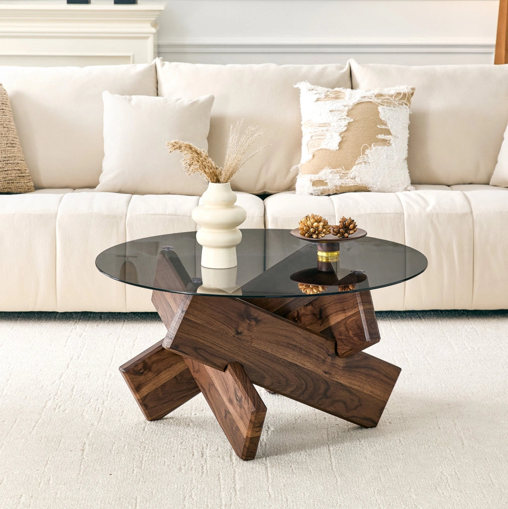 Tavolino basso rotondo Ø 79 cm noce MDF e vetro temperato; base geometrica
