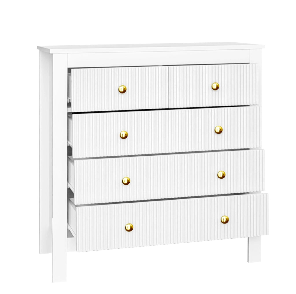 Cassettiera 79x80.5x39.5 cm con 5 cassetti; maniglie dorate; truciolare bianco
