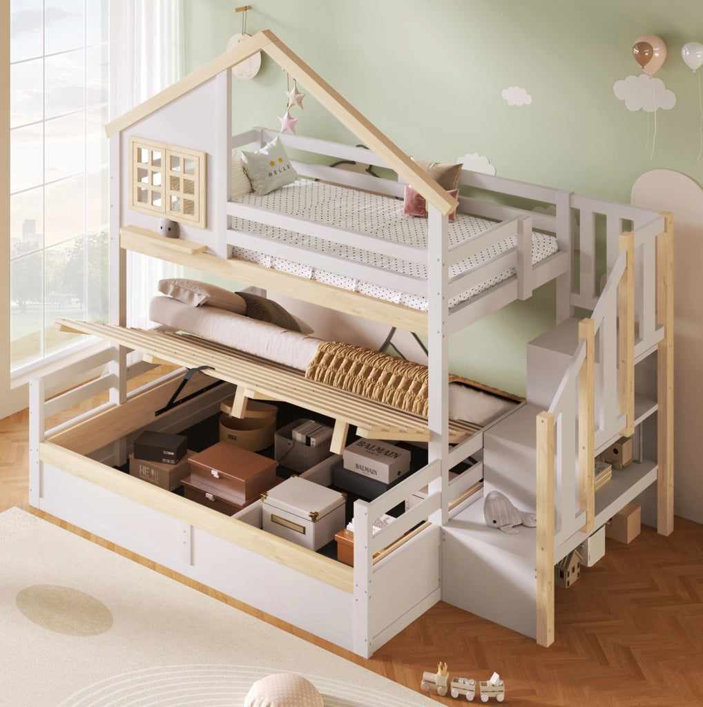 Letto a castello con contenitore idraulico e design casetta 90x200 / 140x200