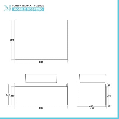 Mobile bagno sospeso 80 cm ossido e rovere con lavabo e specchio Kleo