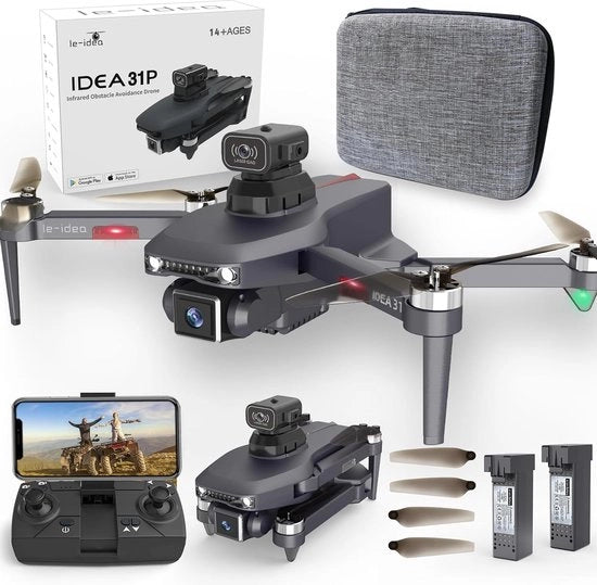 Drone Professionale con Camera - 360° Camera Verstabile - Funzione di Evitamento degli Ostacoli - WiFi 5 GHz - Pieghevole - 2 Batterie - Inclusa Custodia