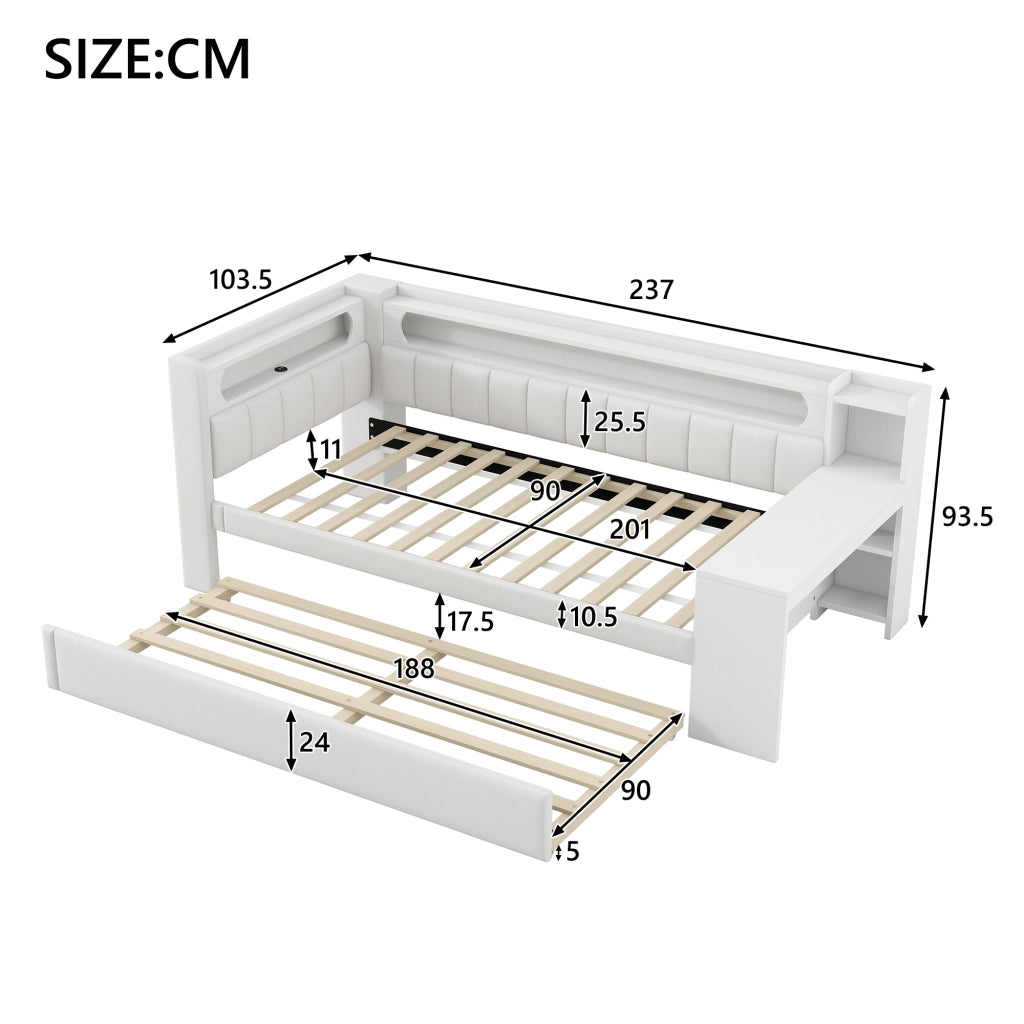 LETTO 90x200 cm Bianco con letto estraibile, scrivania, LED e USB