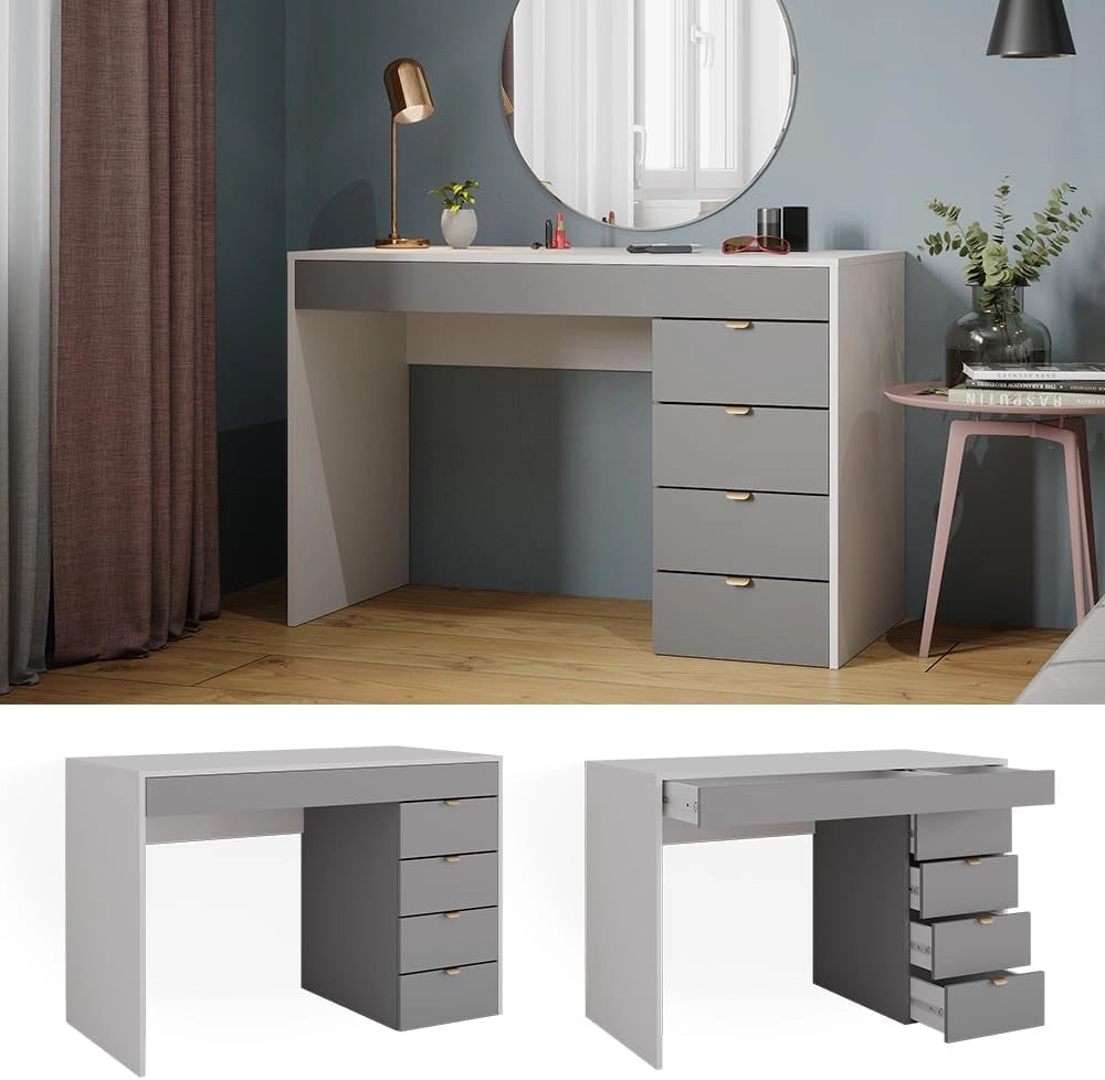 Tavolo da toeletta Elise, Bianco/grigio/grigio, 115 cm con 5 cassetti, da utilizzare come toeletta o superficie d’appoggio in camera da letto