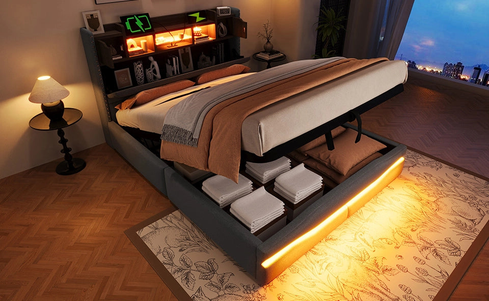 Letto imbottito 140x200 cm con contenitore idraulico, illuminazione LED e presa USB, grigio