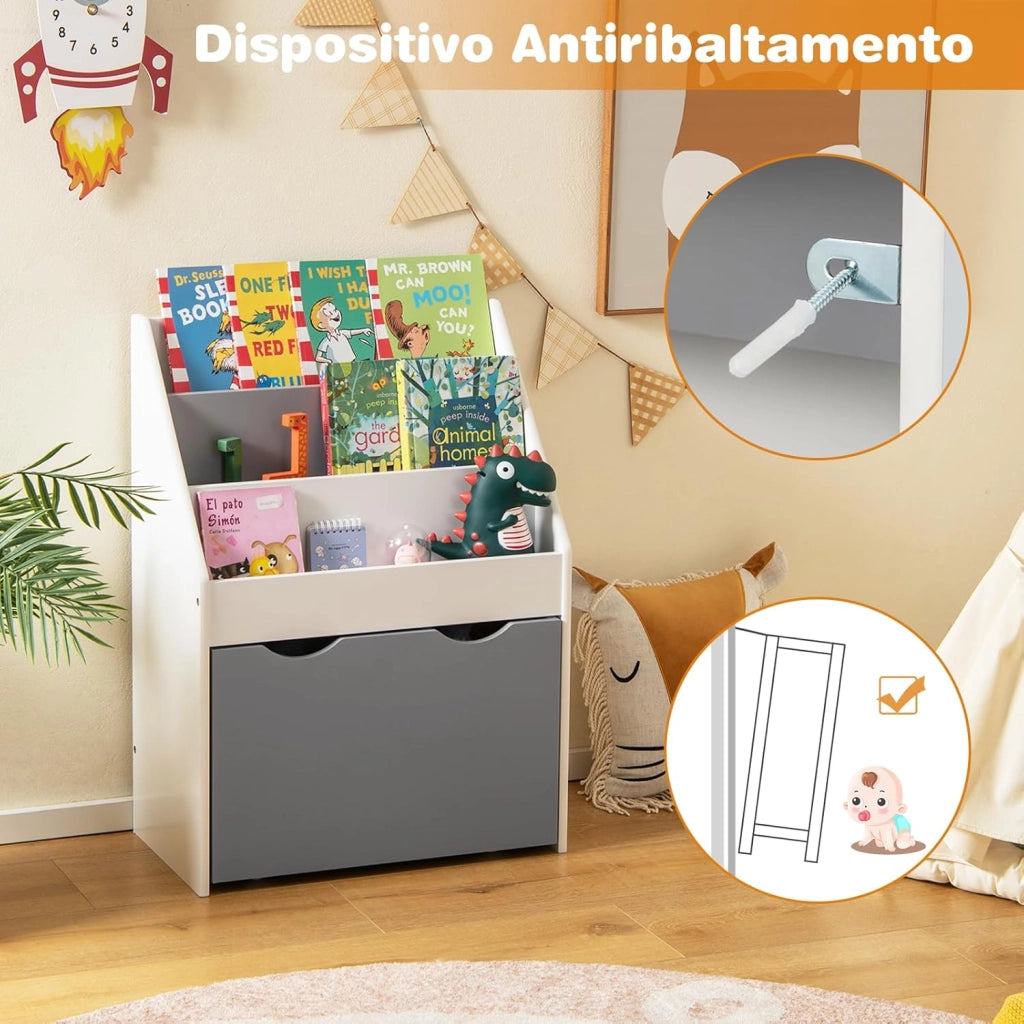 Libreria Montessoriana per Bambini, Scaffale per Libri a 3 Livelli con Cassetto Inferiore e 4 Ruote, per Cameretta, Stanza dei Giochi e Asilo, 50 x 28 x 70 cm, Grigio e Bianco