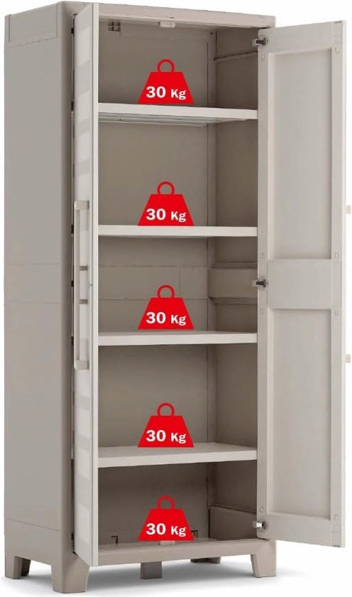 Cassa in plastica alta beige 80 x 44 x 182 cm inclusa tavola adatta per interni ed esterni resistente alla luce UV e all'acqua (IPX3) - Mobiliato di archiviazione versatile