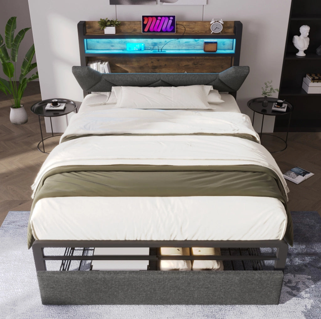Letto singolo 90x200 cm con LED; USB C e testiera contenitore con cassetto; tessuto di lino grigio