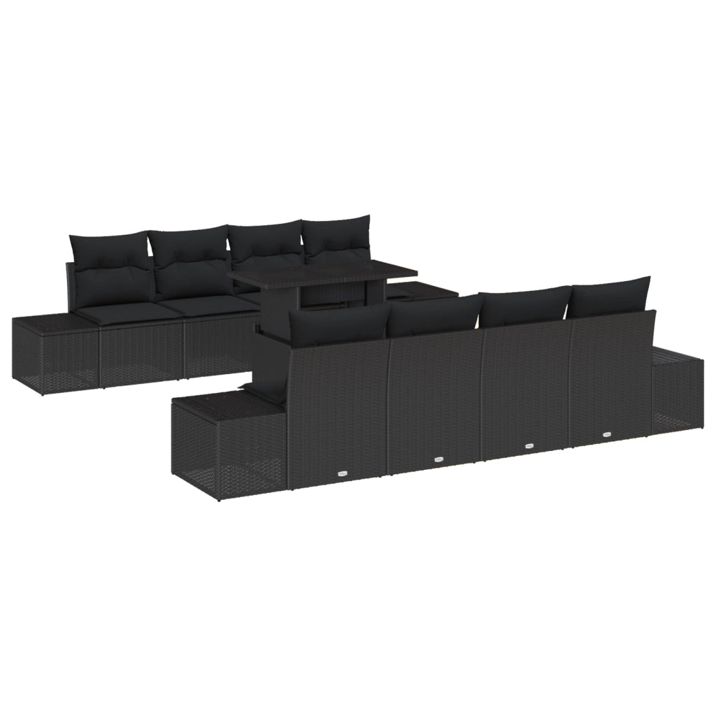 Set di Divano da Giardino 9 Pezzi con Cuscini Neri in Polyrattan