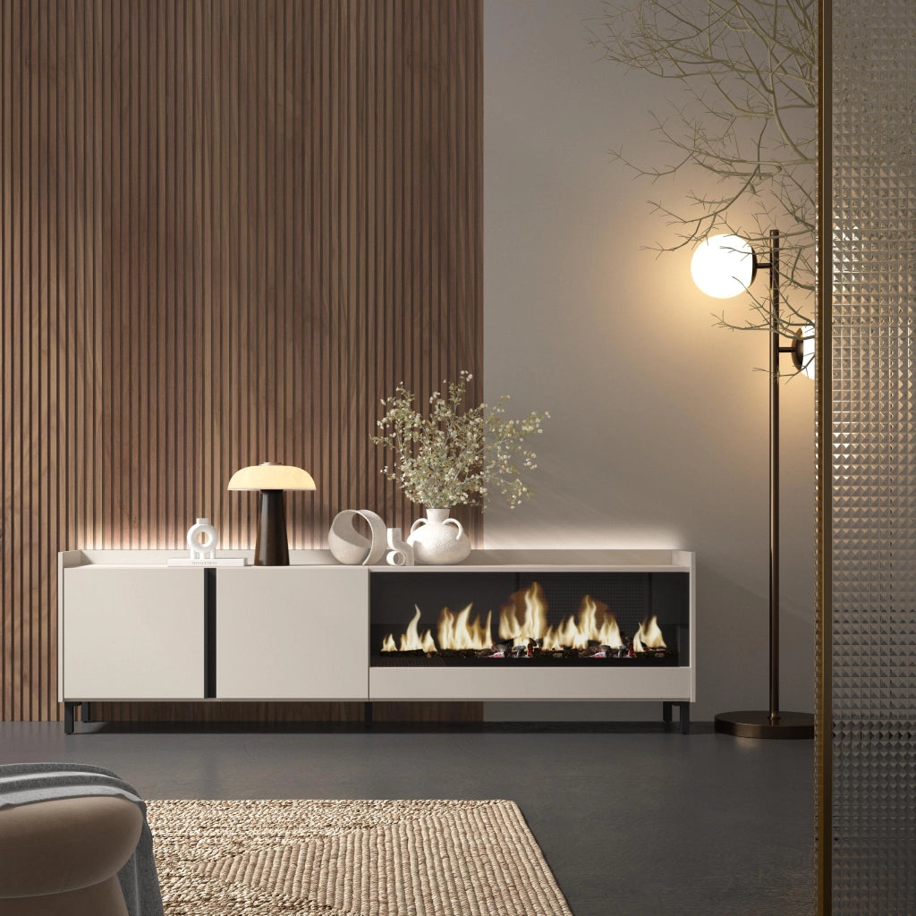 Mobile TV Soggiorno, 212x61x35 cm, Per TV fino a 80", Camino elettrico XXL, Design industriale, LED, Beige