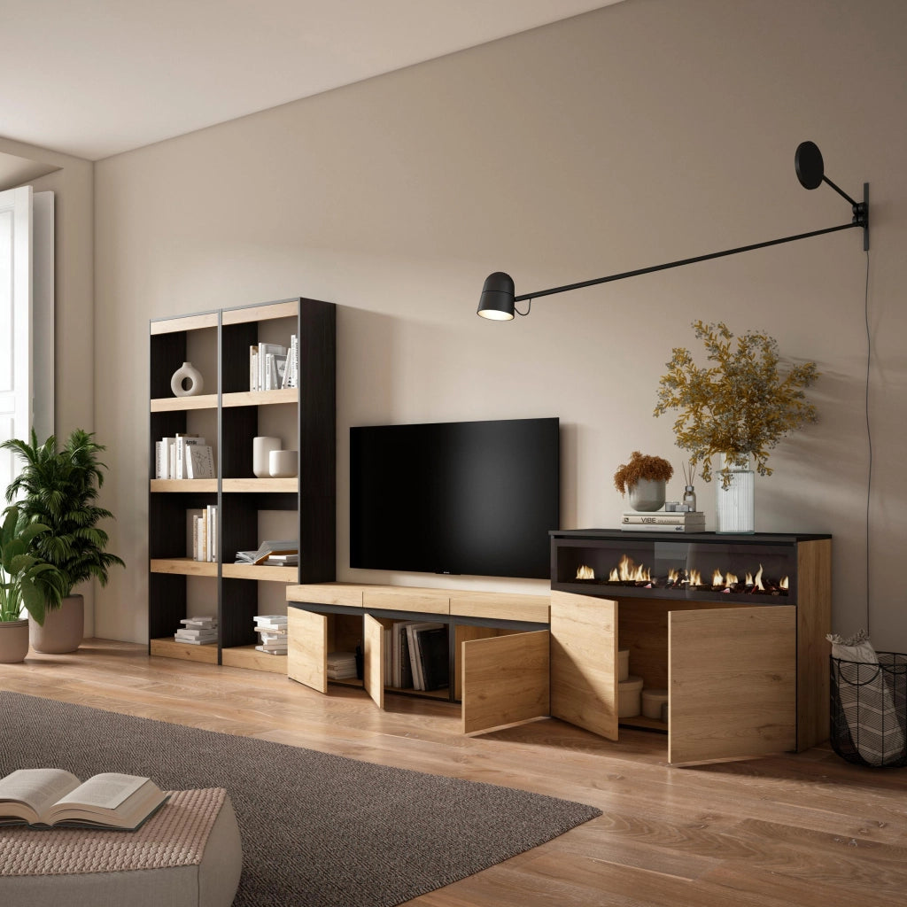 Mobile TV, Soggiorno, 370x35x186cm, Per TV fino a 65", Camino elettrico, colore Rovere e nero RF3183