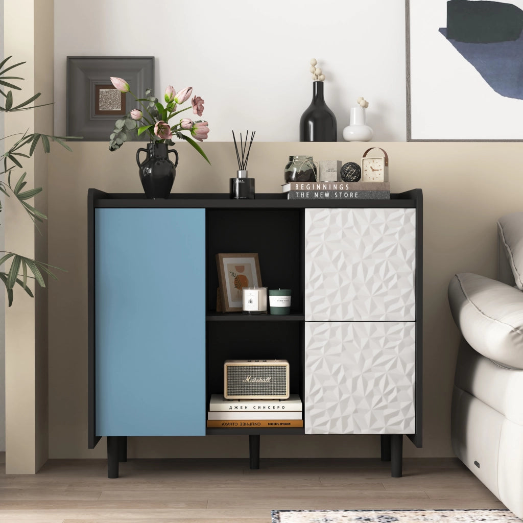 OKWISH Credenza da Cucina con 2 Cassetti, 2 Vani Aperti e 1 Armadietto, in MDF, Nero e Blu, 90 x 40 x 80 cm