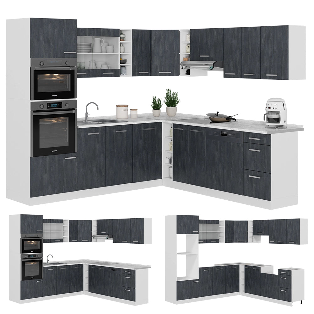 Vicco Cucina angolare completa Nero cemento/bianco 237 x 247 cm senza piano di lavoro