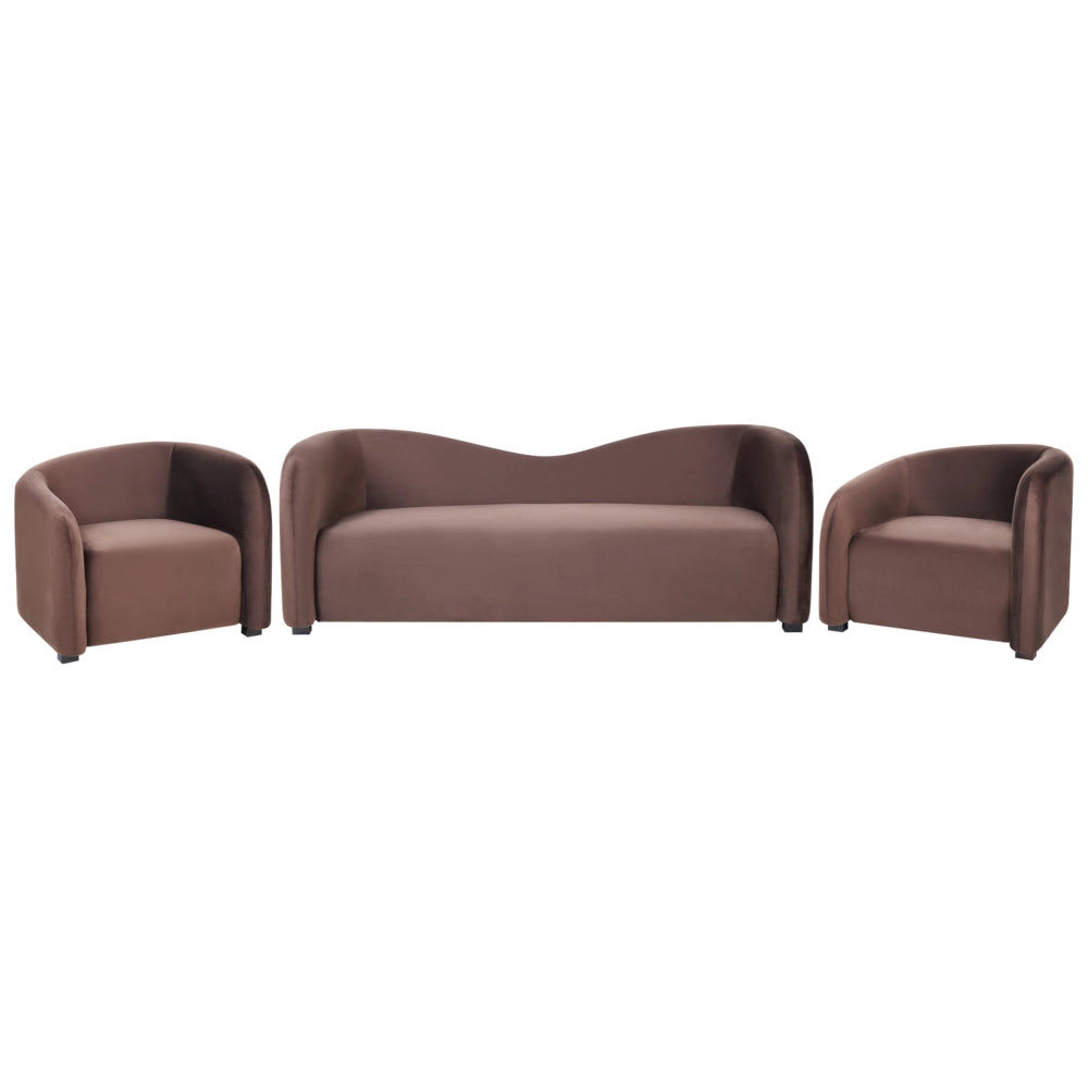 Set moderno ed elegante imbottito per salotto Divano e poltrone Schienale curvo Velluto Marrone scuro