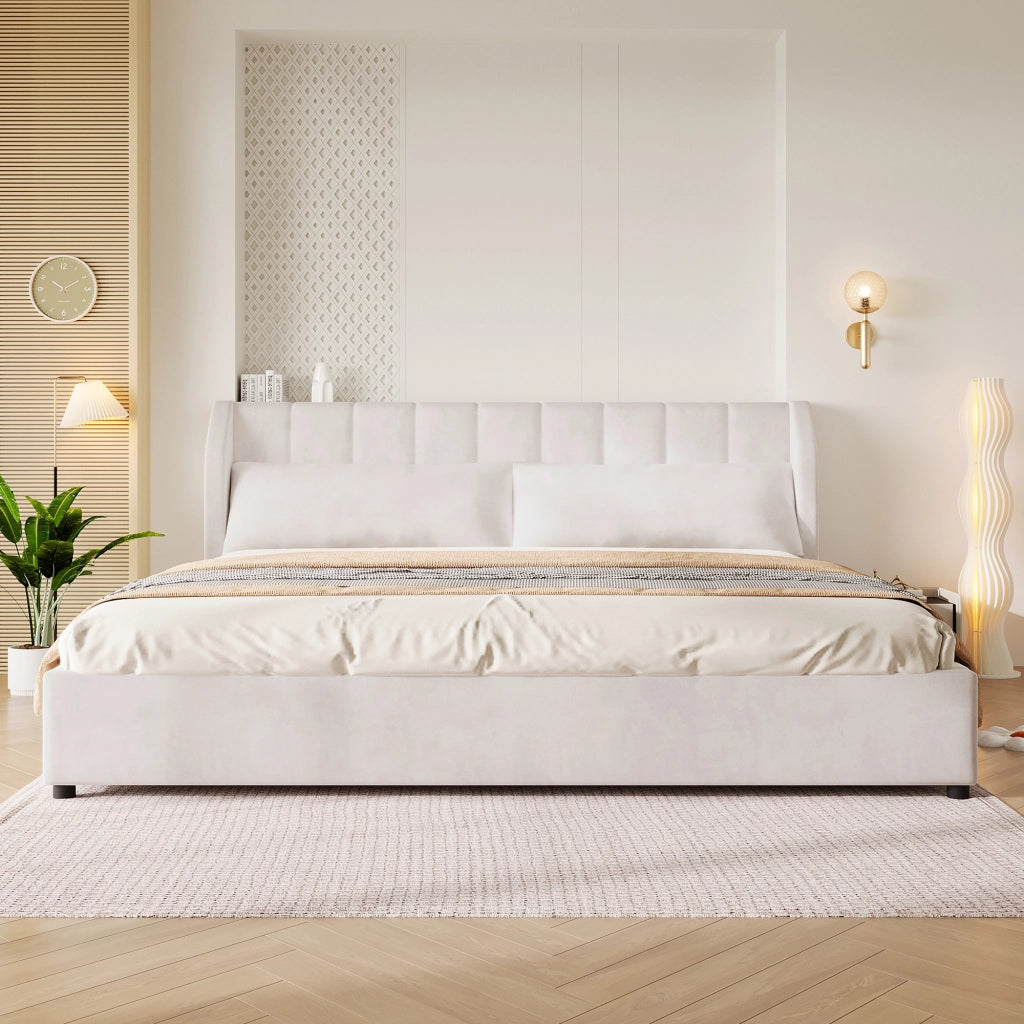 Letto matrimoniale imbottito 180x200 cm in stile francese con testiera capitonné; rete a doghe e velluto beige