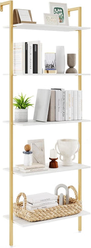 Scaffale a Scala a 5 Ripiani, Libreria da Parete Salvaspazio in Legno Moderno, Scaffale Portaoggetti per Soggiorno, Studio e Camera da Letto, 64 × 30 × 178 cm, Bianco