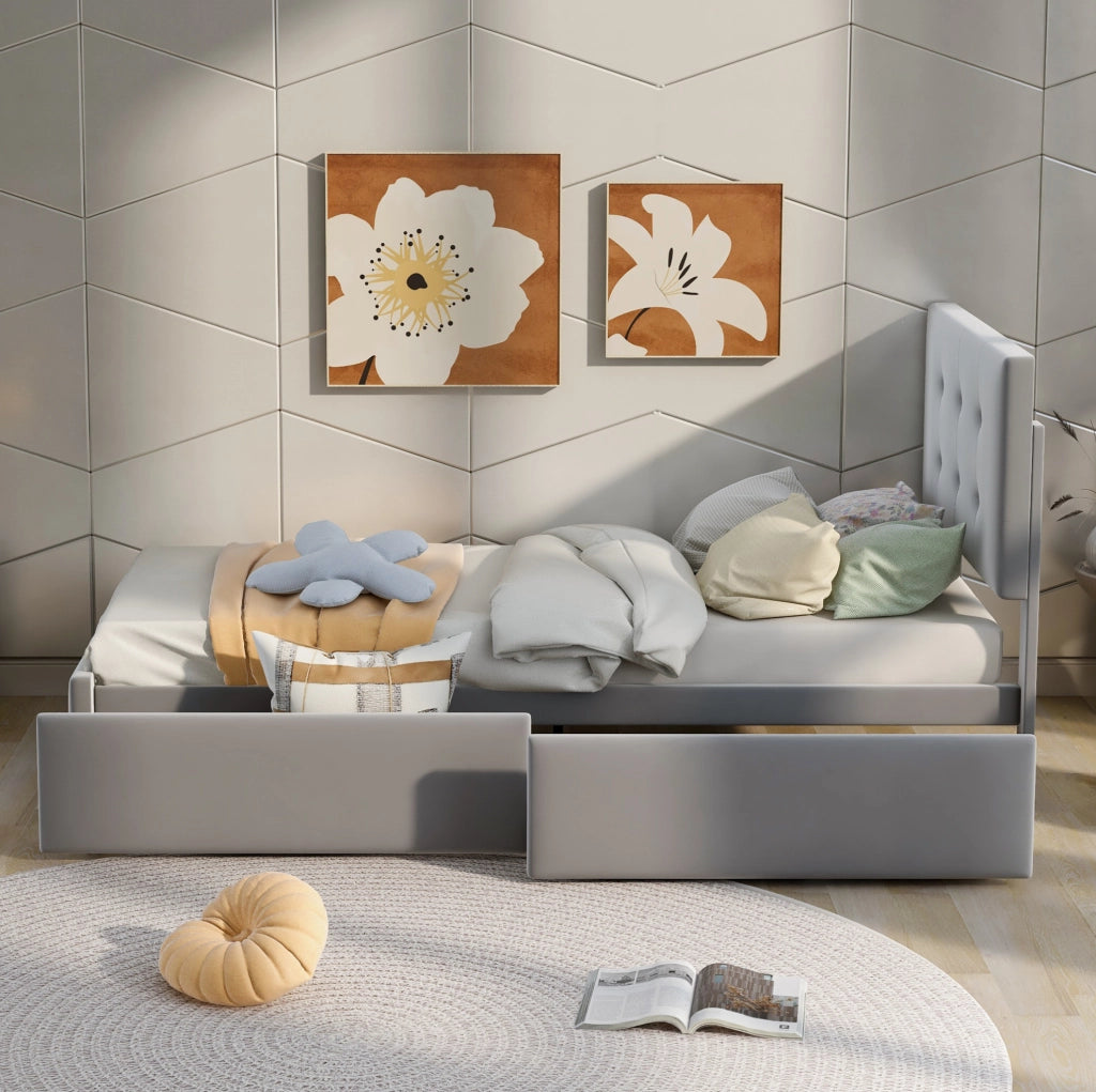 Letto singolo imbottito 90x200 cm con rete a doghe e cassetto; velluto grigio