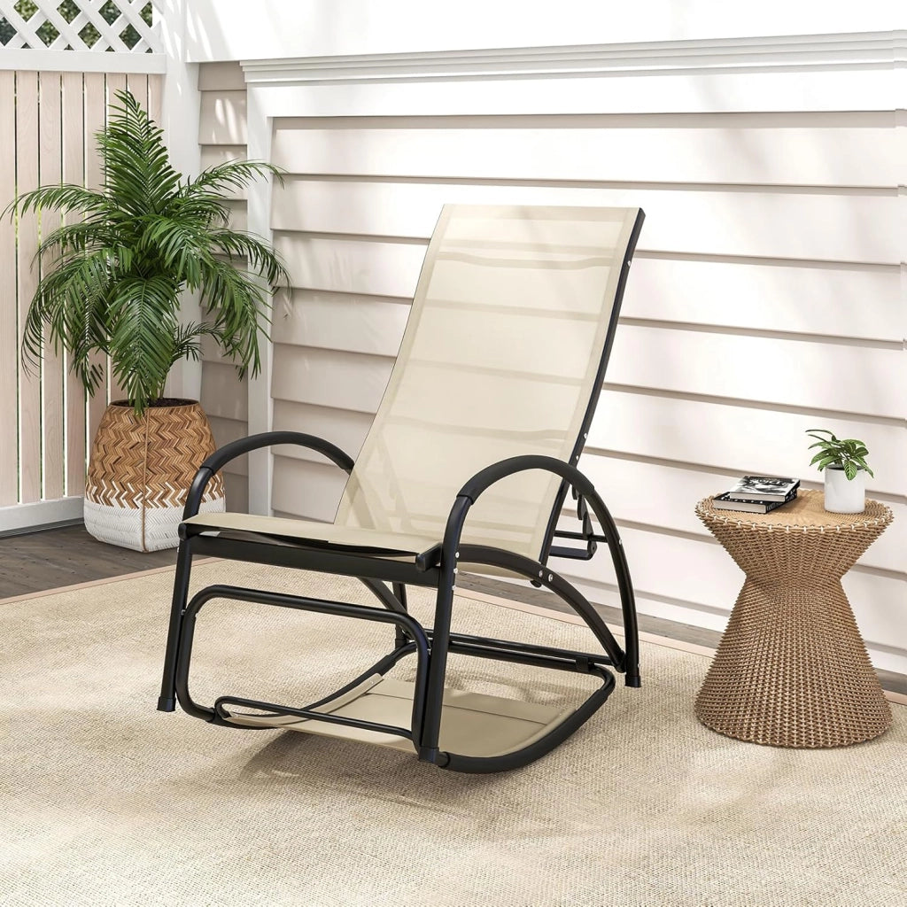 Sedia a Dondolo 2 in 1 da Giardino, Lettino Prendisole Convertibile con Schienale Regolabile a 4 Posizioni, Braccioli Curvi e Telaio in Alluminio, per Patio e Piscina, Portata 150 kg (Beige)