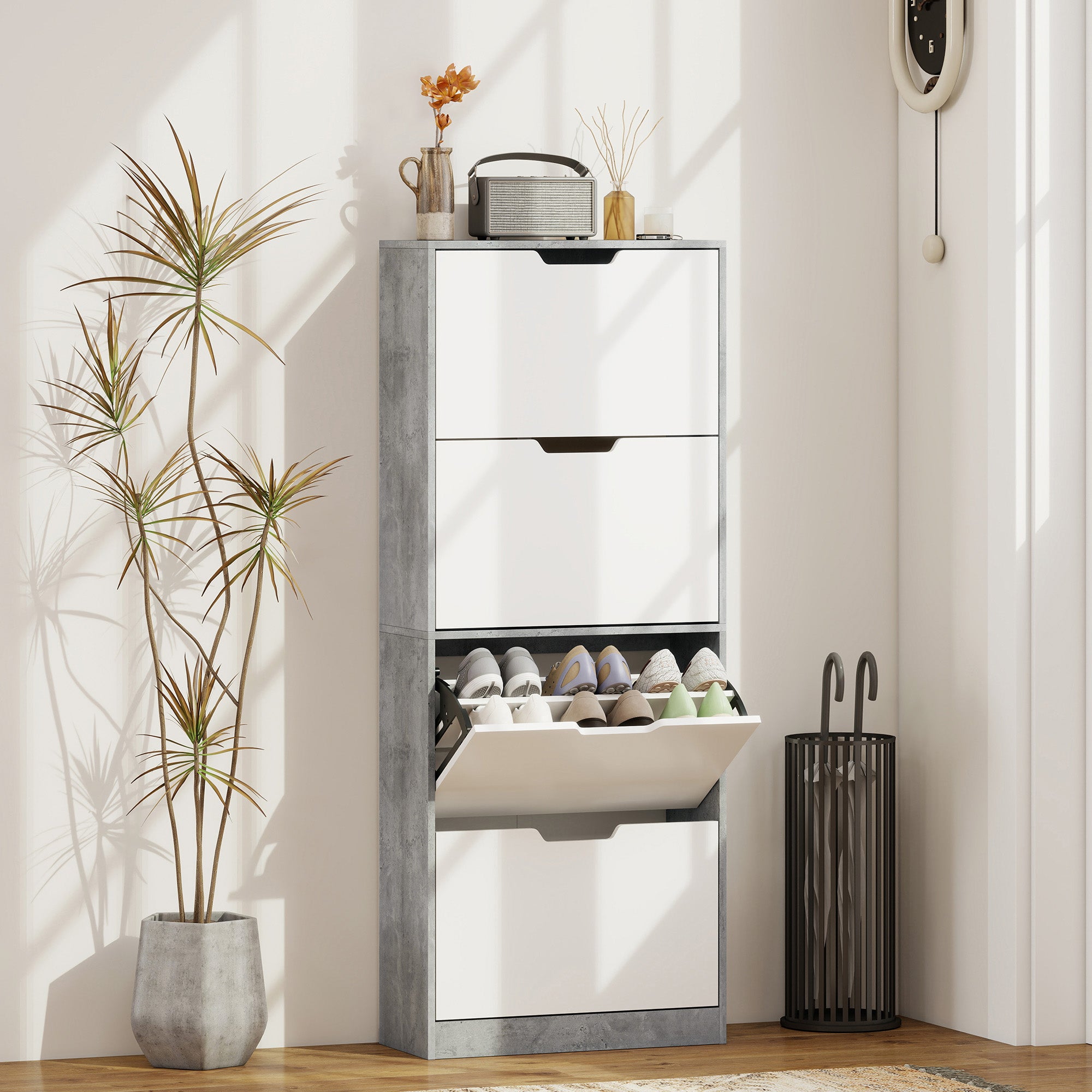 Scarpiera Salvaspazio Moderna 62,5x26x156 cm a 4 Ante per 16 Paia di Scarpe Grigio Cemento