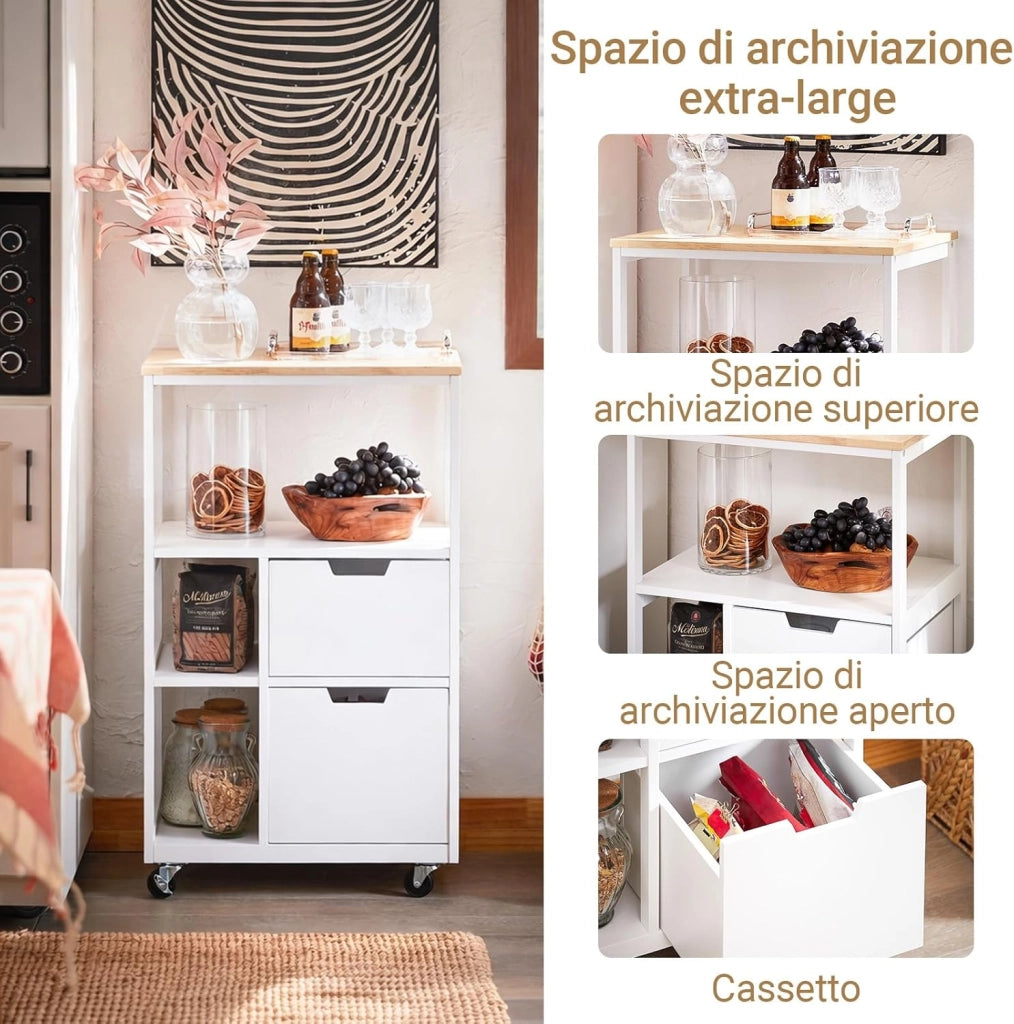 Carrello Cucina con Ruote Salvaspazio per Piccoli Spazi, Mobiletto Cucina con Cassetti e Ripiani, Carrello con Ruote Portatutto da Cucina, Isola Cucina Compatta Bianco 53x37x89 cm FKW111-WN