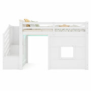 LETTO A CASTELLO 90 x 200 cm con scala contenitore, finestra e LED, Bianco