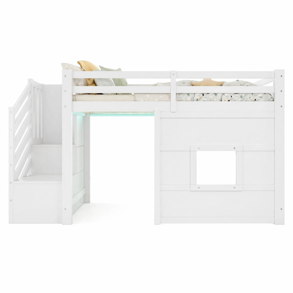 LETTO A CASTELLO 90 x 200 cm con scala contenitore, finestra e LED, Bianco