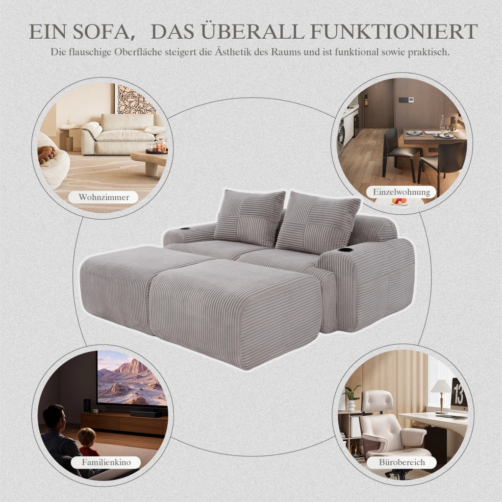 Divano modulare componibile 2 posti con portabicchieri e tasca laterale in corduroy grigio chiaro 200 × 174 × 80 cm