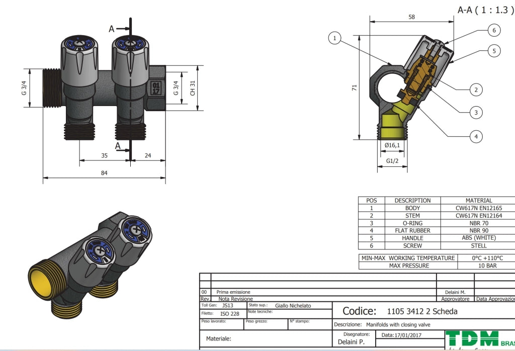 COLLETTORE DI DISTRIBUZIONE CON VITONI DI CHIUSURA- 3/4 X 1/2 2 Vie- TDMB- pezzi 1
