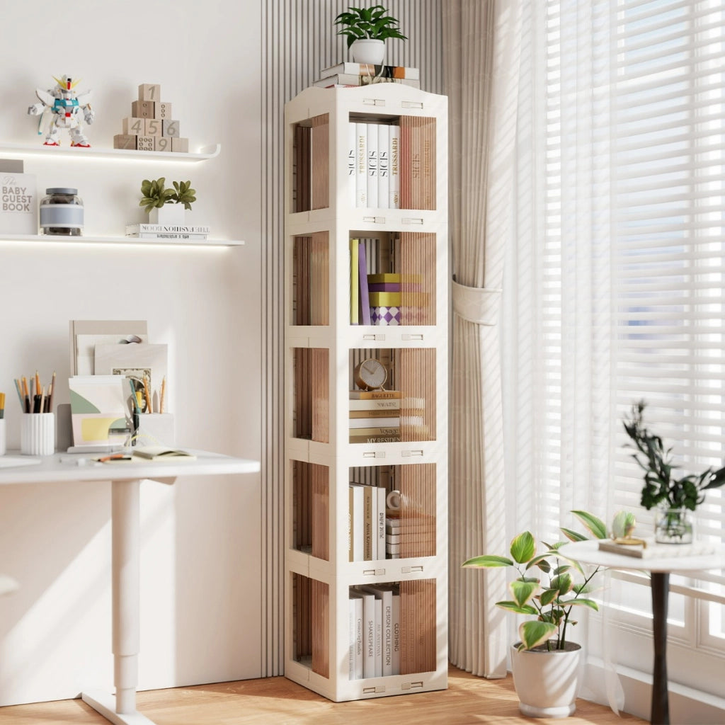 Libreria girevole pieghevole a 5 livelli per soggiorno e studio, Scaffale girevole a 360¡ã con base rotante per esposizione Bianco-Librerie