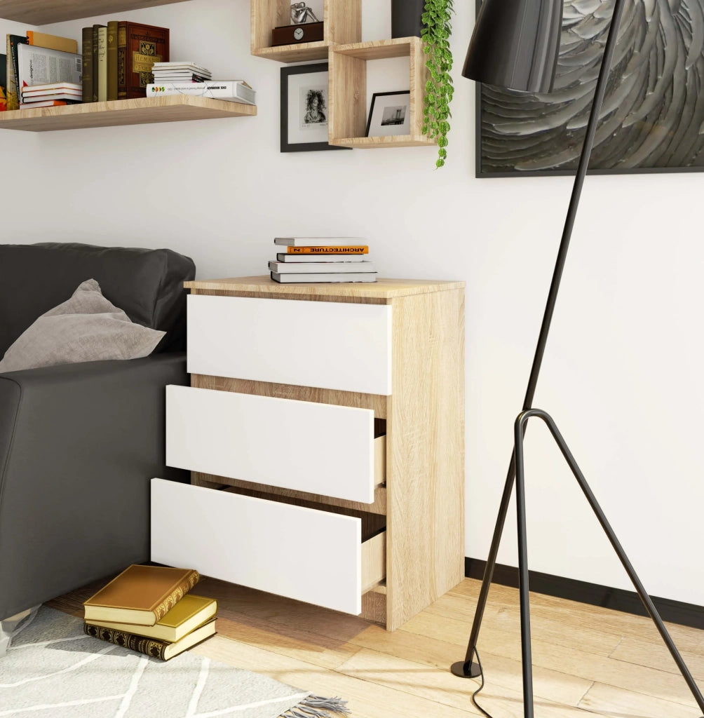 Cassettiera AKORD K60 Cassettiera Sonoma Quercia 60 cm 3 cassetti inserto frontale Bianco 60x40x77 cm