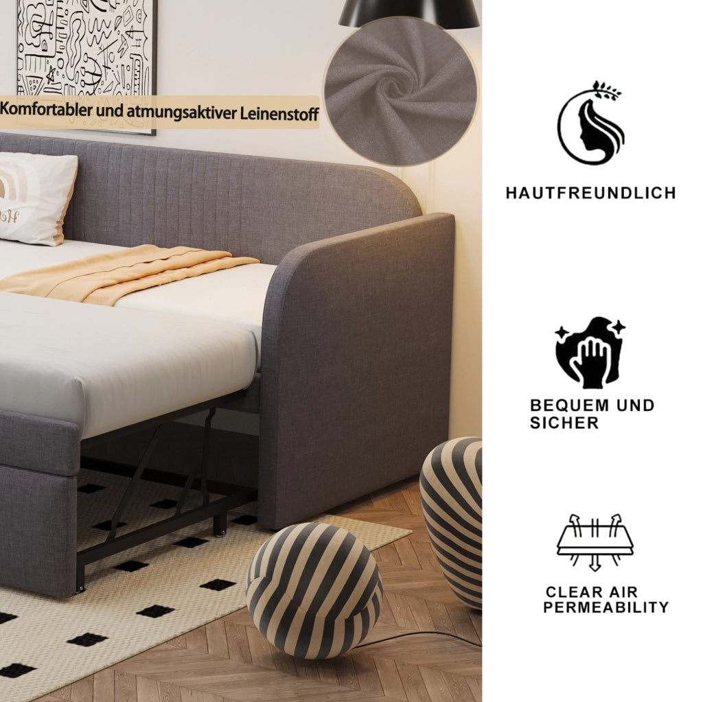 Divano letto estraibile imbottito 90/180x190 cm con rete a doghe in lino; grigio