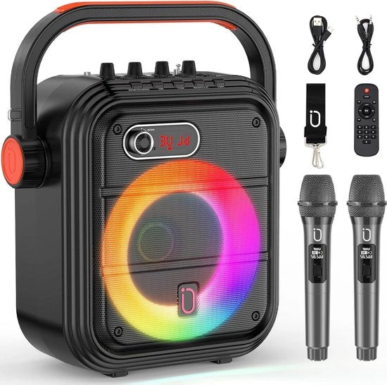 Impianto karaoke con 2 microfoni wireless regolabili altezza portatile diffusore Bluetooth con illuminazione RGB trasmissione in diretta monitoraggio per adulti.