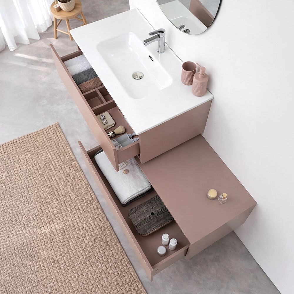 Mobile bagno sospeso 90 cm rosa con lavabo integrato e cassetto Nuvola